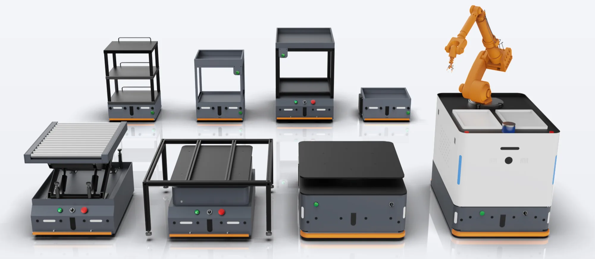 ครอบครัวหุ่นยนต์ MobiBot ทุกรุ่นพร้อมโครงด้านบนแบบต่างๆ ชั้นวาง โต๊ะเรียบ ลูกกลิ้ง ชุดยก และตู้พร้อมแขนกล